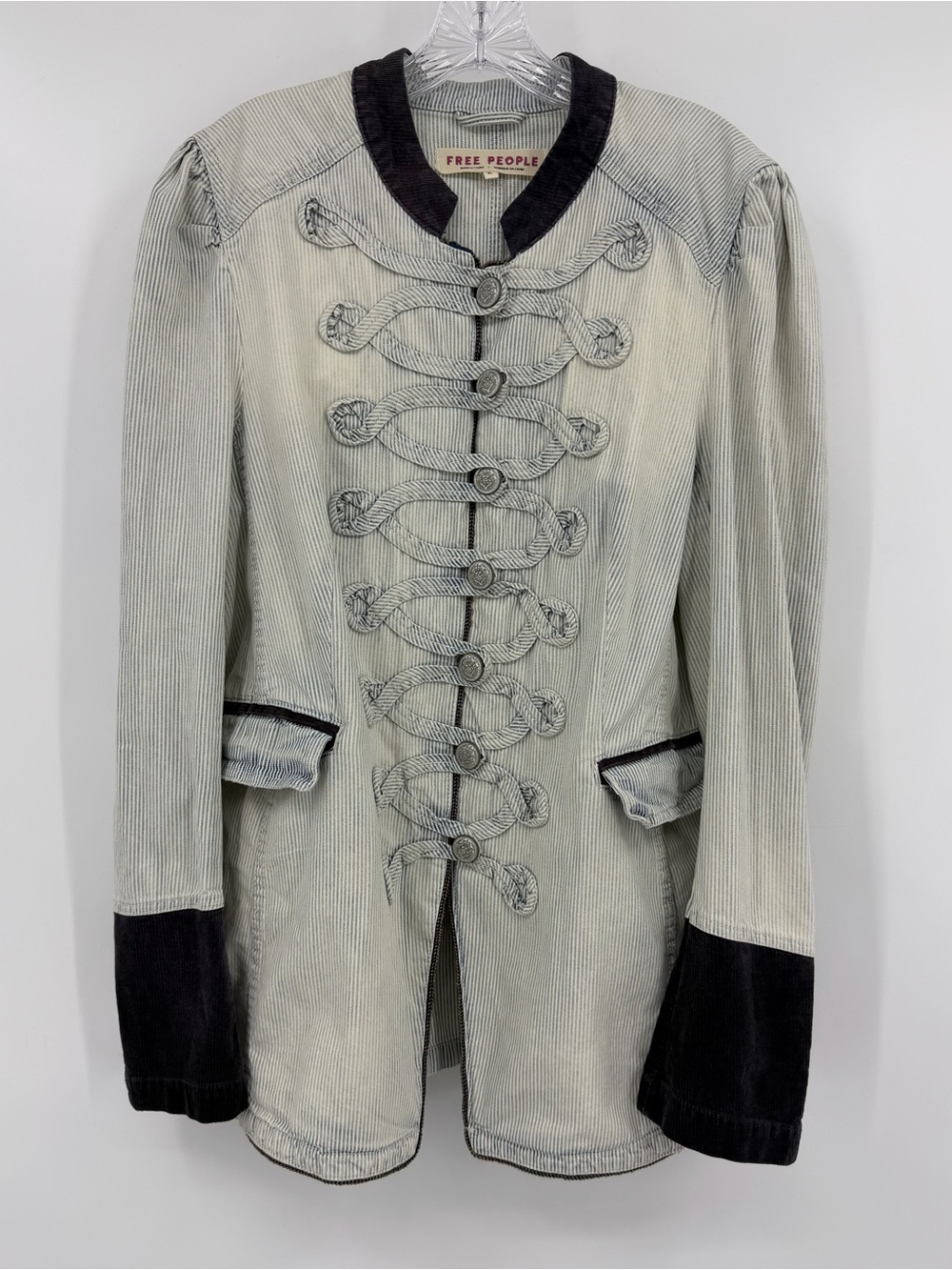 Free People Pinstripe Denim Military Seamed & Structured Jacket Cotton Size XL